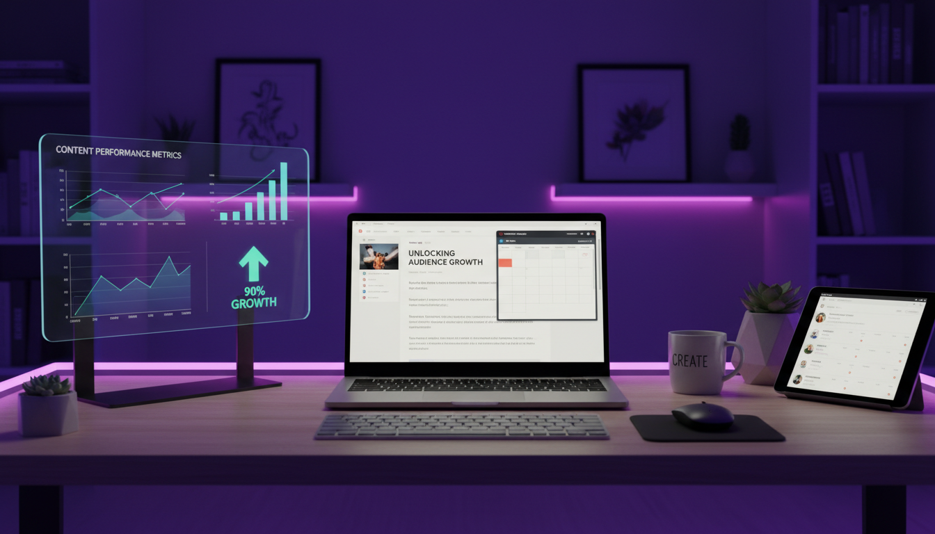 Content marketing setup met laptop, content kalender en prestatie grafieken