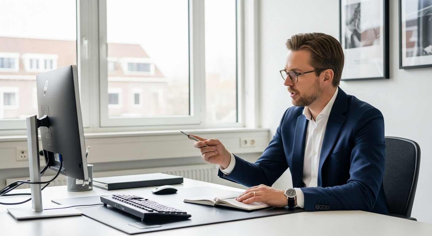 Raphael Krolis bespreekt een Meta Ads campagnestrategie met een klant aan een bureau