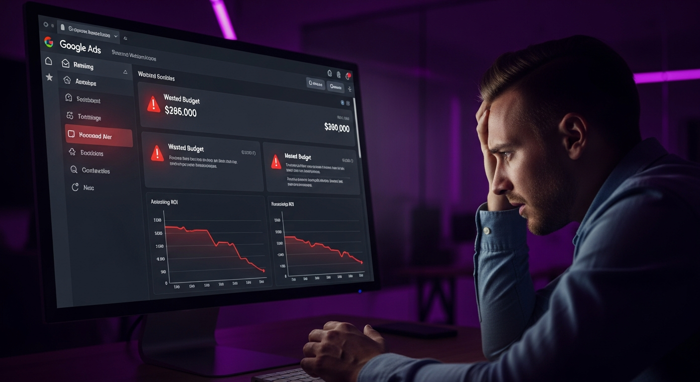 Ondernemer bekijkt Google Ads dashboard met rode waarschuwingen en dalend budget