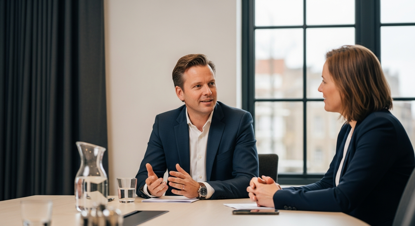 Raphael Krolis bespreekt Google Ads strategie met een klant aan een vergadertafel
