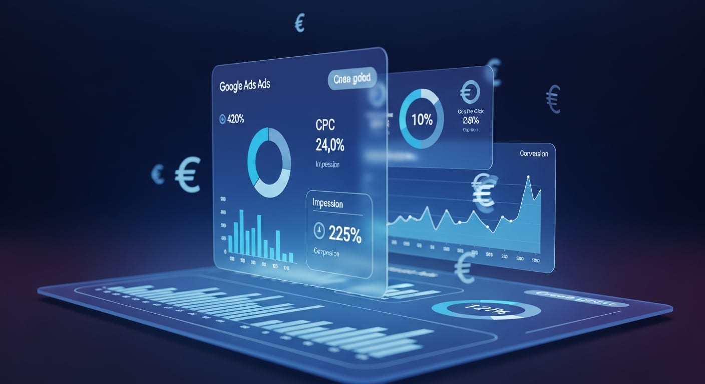 Ondernemer bekijkt Google Ads kosten en resultaten op laptop in modern kantoor