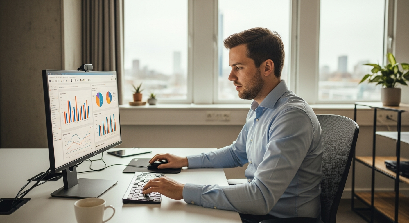 Raphael Krolis, Google Ads specialist bij BLURR Marketing, analyseert campagnedata op kantoor in Almere
