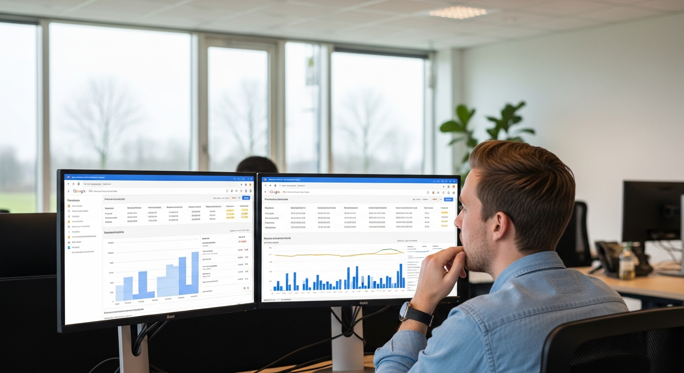 Raphael Krolis analyseert Google Ads campagneresultaten op kantoor bij BLURR Marketing in Almere