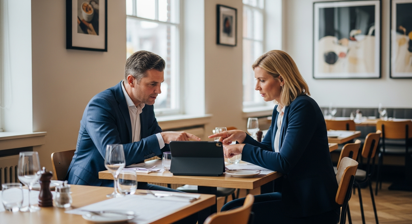 Horecaondernemer bekijkt campagneresultaten samen met marketingspecialist aan een tafel in een restaurant