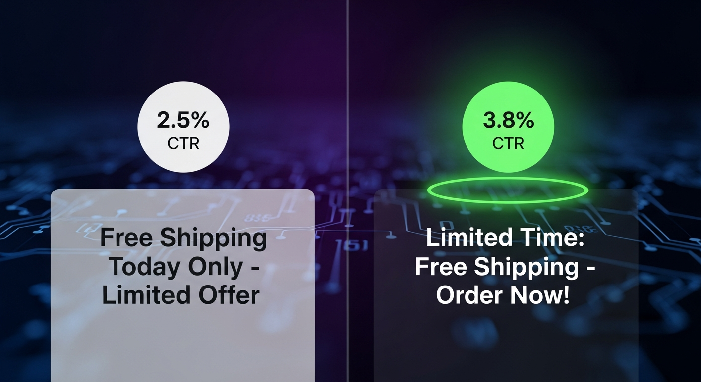 Split screen A/B test van twee Google Ads headline varianten met CTR percentages