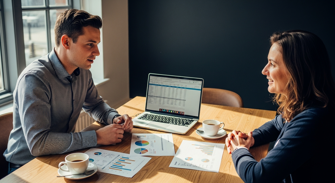 Raphael Krolis bespreekt Google Ads strategie met een MKB-ondernemer aan een vergadertafel