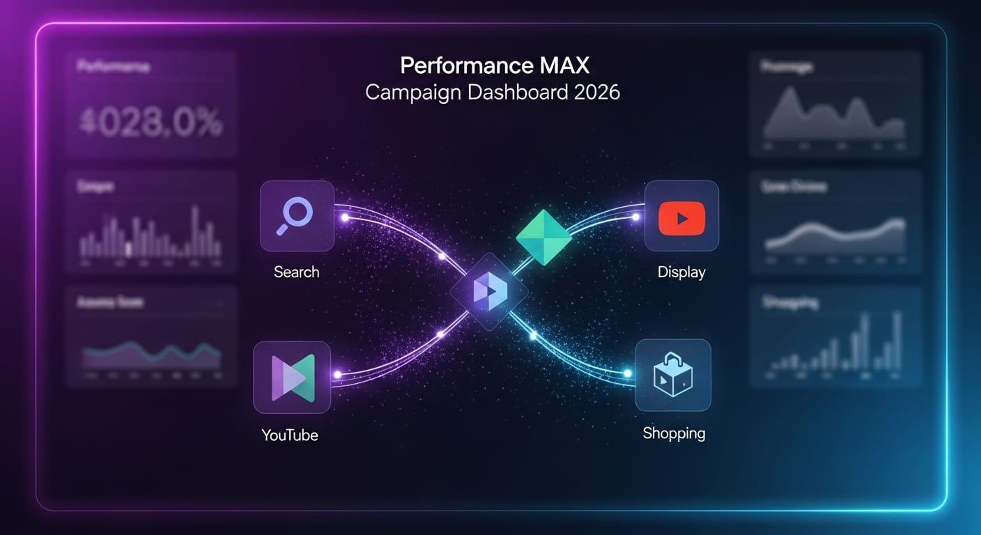 Performance Max campagne dashboard 2026 met Google kanaaliconen