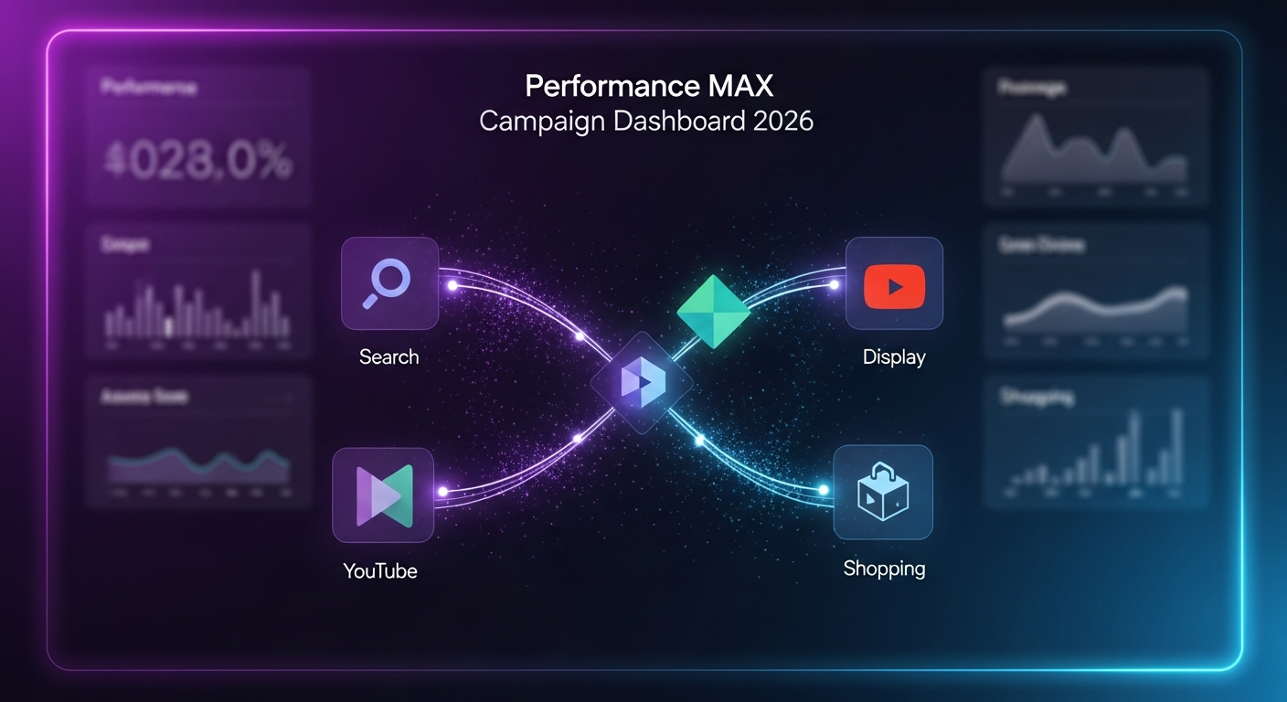 Performance Max campagne dashboard 2026 met Google kanaaliconen