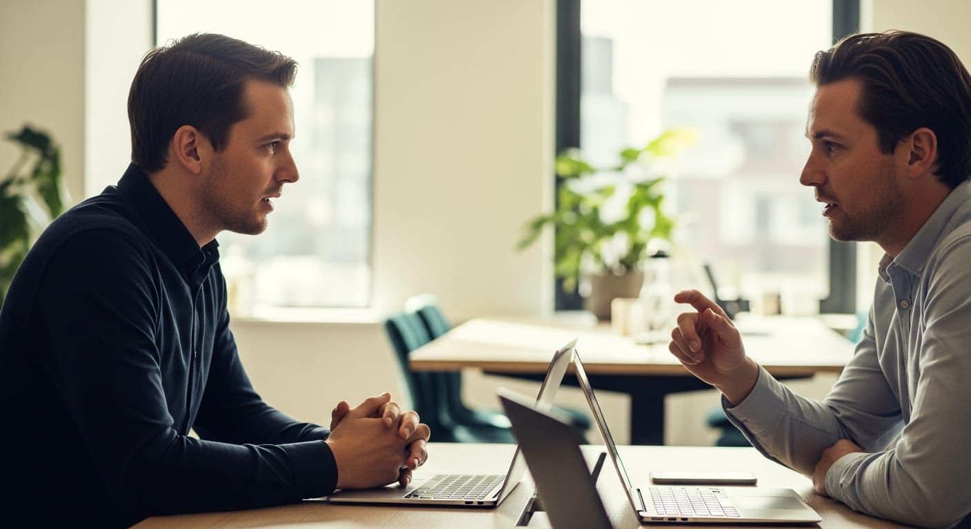 Raphael Krolis en een collega in overleg over een SEO-strategie voor een MKB-klant bij BLURR Marketing in Almere