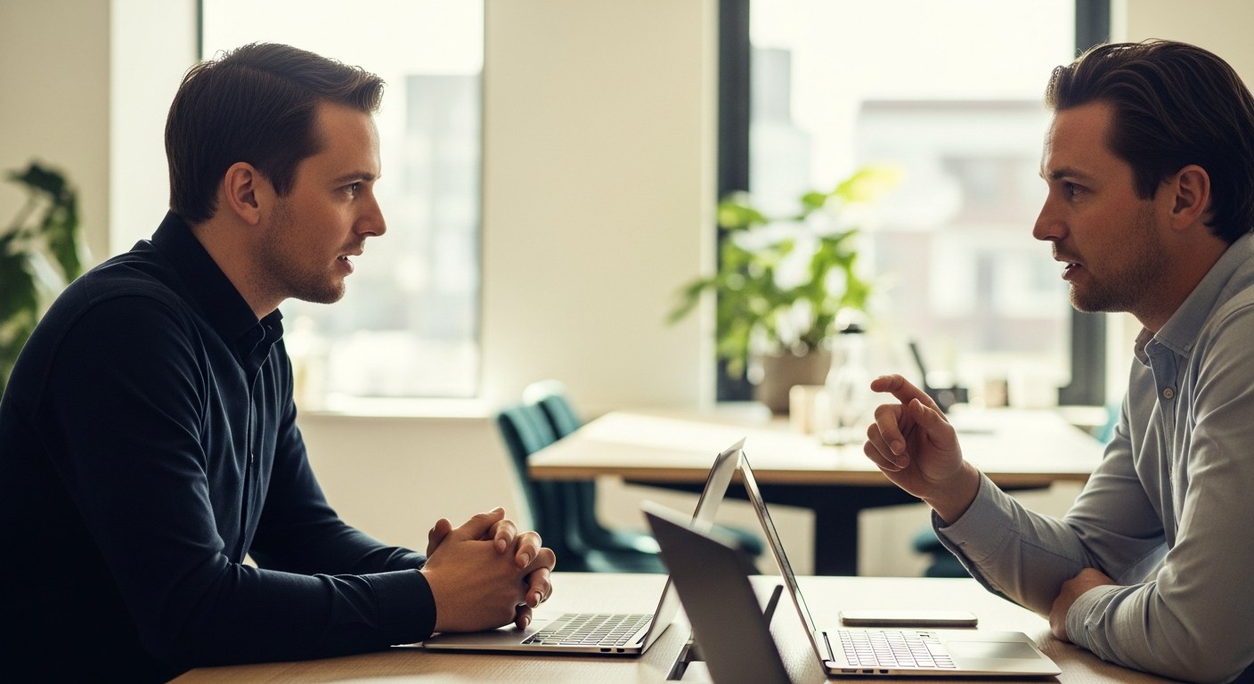 Raphael Krolis en een collega in overleg over een SEO-strategie voor een MKB-klant bij BLURR Marketing in Almere
