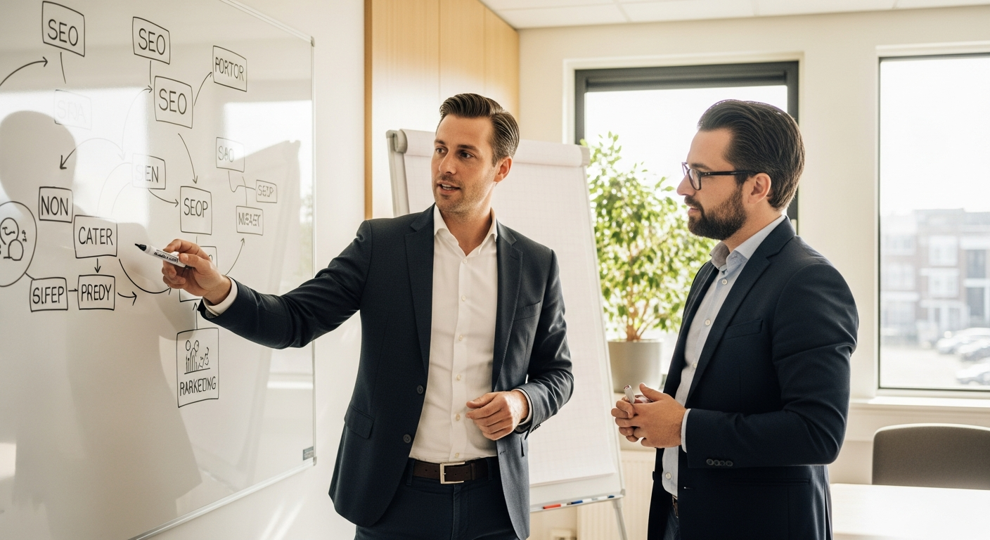 Raphael Krolis bespreekt SEO-strategie met ondernemer aan whiteboard in het BLURR Marketing kantoor in Almere