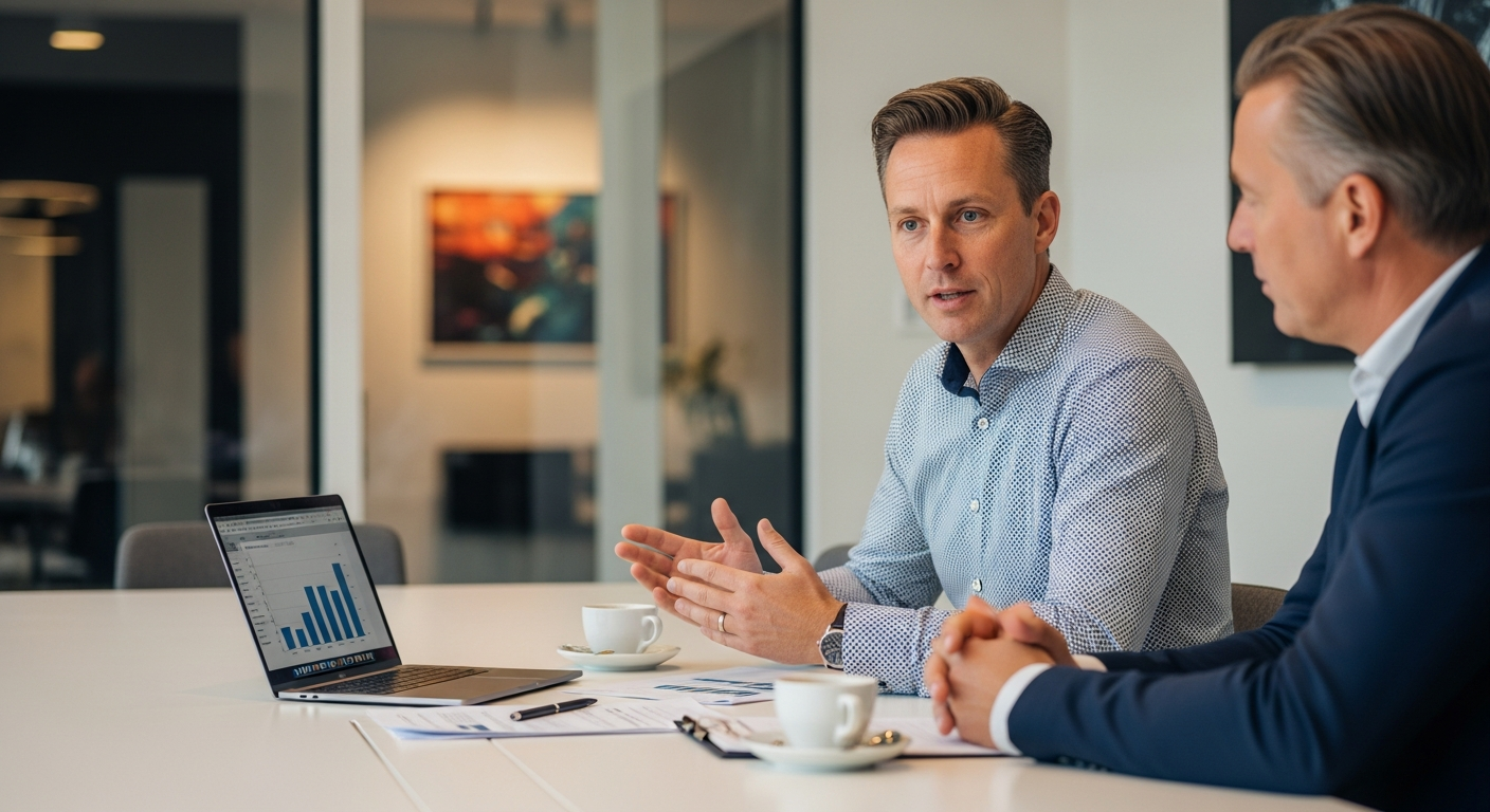 Raphael Krolis bespreekt campagneresultaten met een klant aan een vergadertafel bij BLURR Marketing