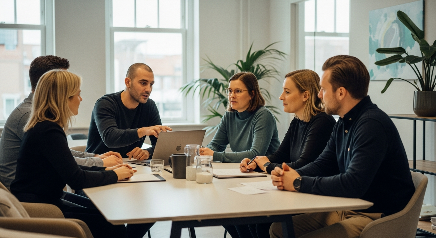 Raphael Krolis en het BLURR-team bespreken een Google Ads strategie aan tafel in het kantoor in Almere